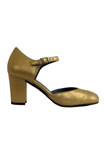 Guld sko med høj hæl og glimmerudtryk fra Nordic ShoePeople